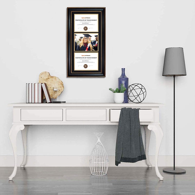 Space Art Deco, 14x29 Triple/Three Certificates Frame with Black Over Gold Double Mat for (3) 8.5x11 Diplomas/Degrees, Sawtooth Hangers Real Glass Wall Mounting (Ornate Gold/Black) - Image 4